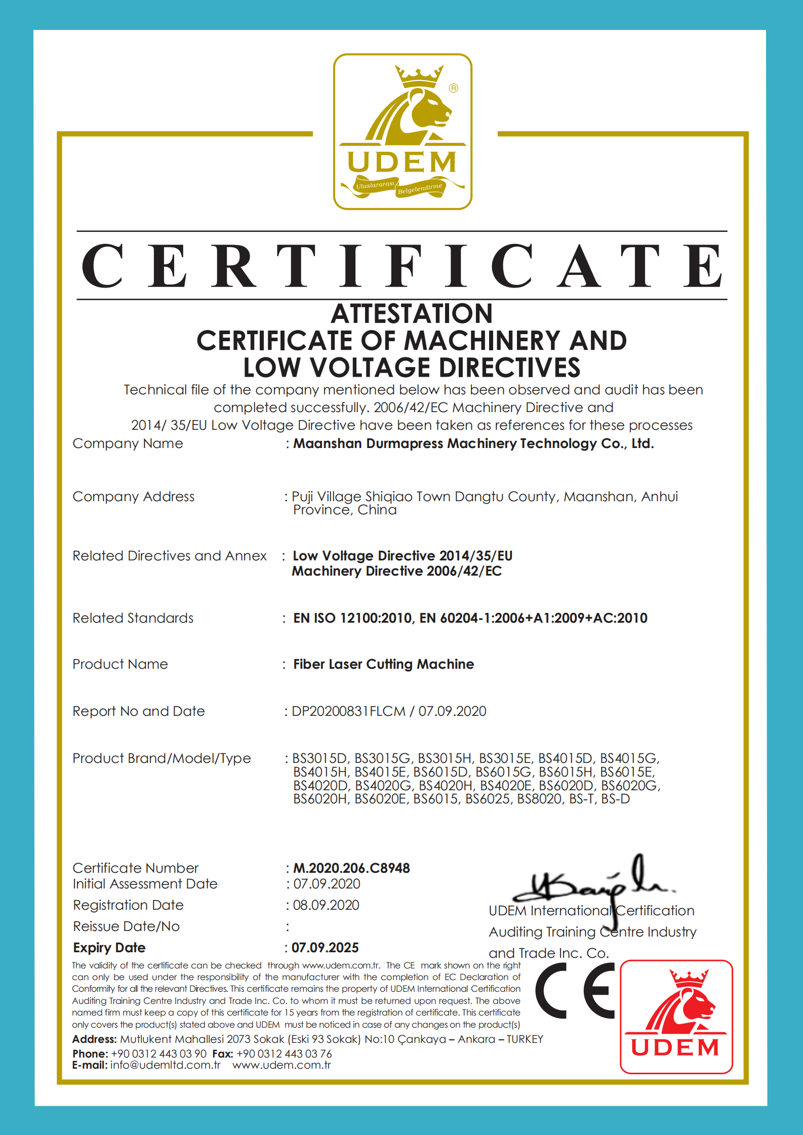DurmaPress Fiber Laser Cutting Machine CE Certification