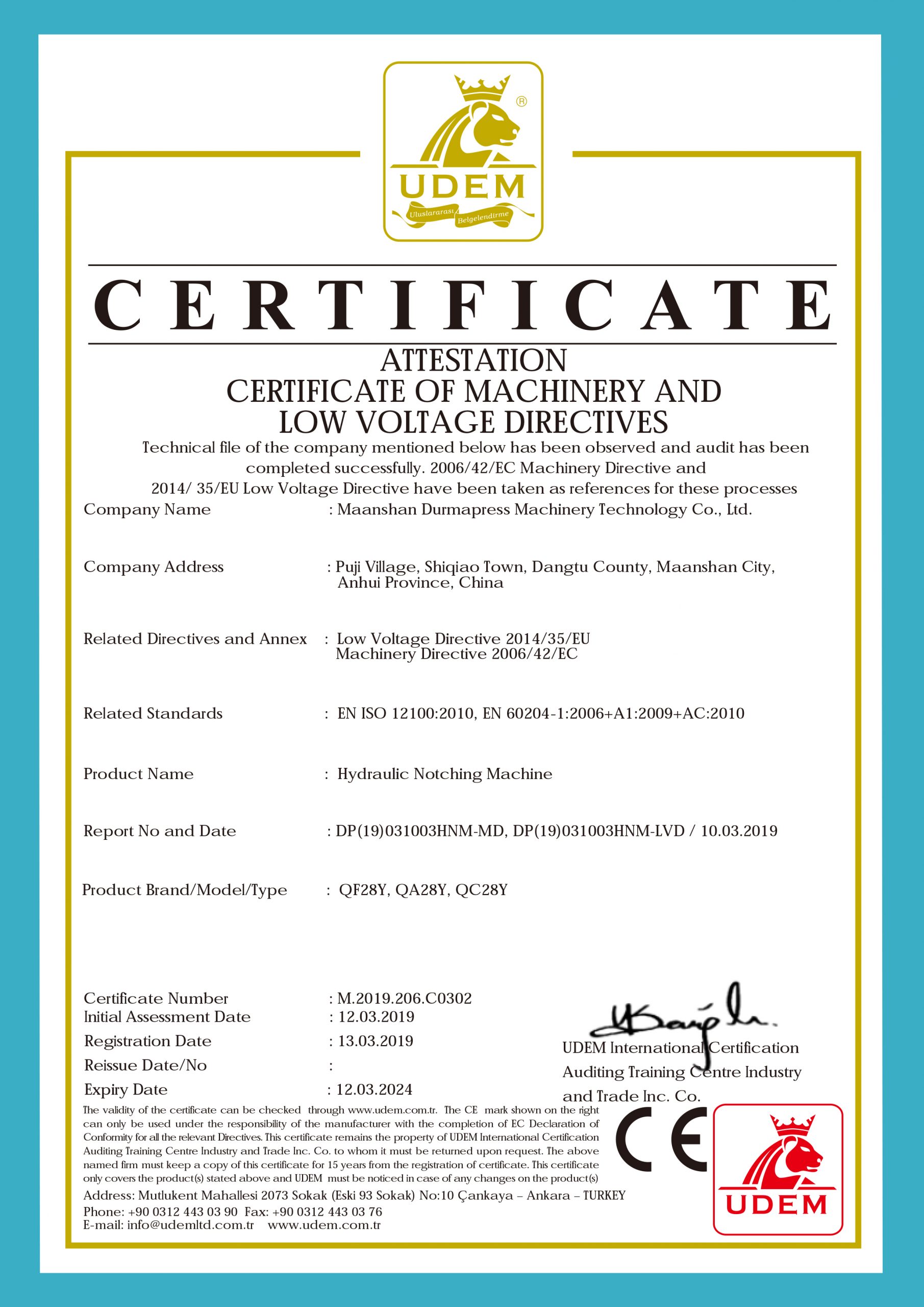 Durmapress Notching Machine CE Certificate
